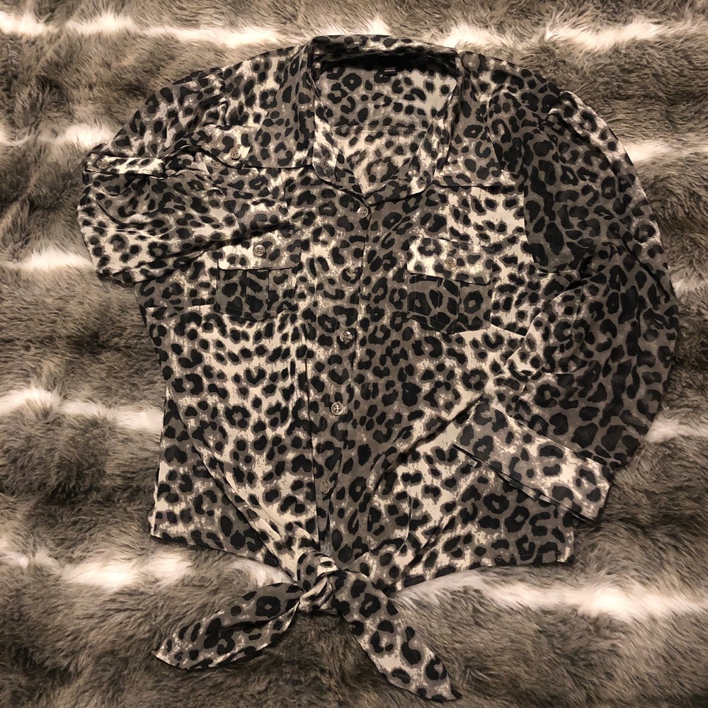 Leopard Print Front-Tie Blouse